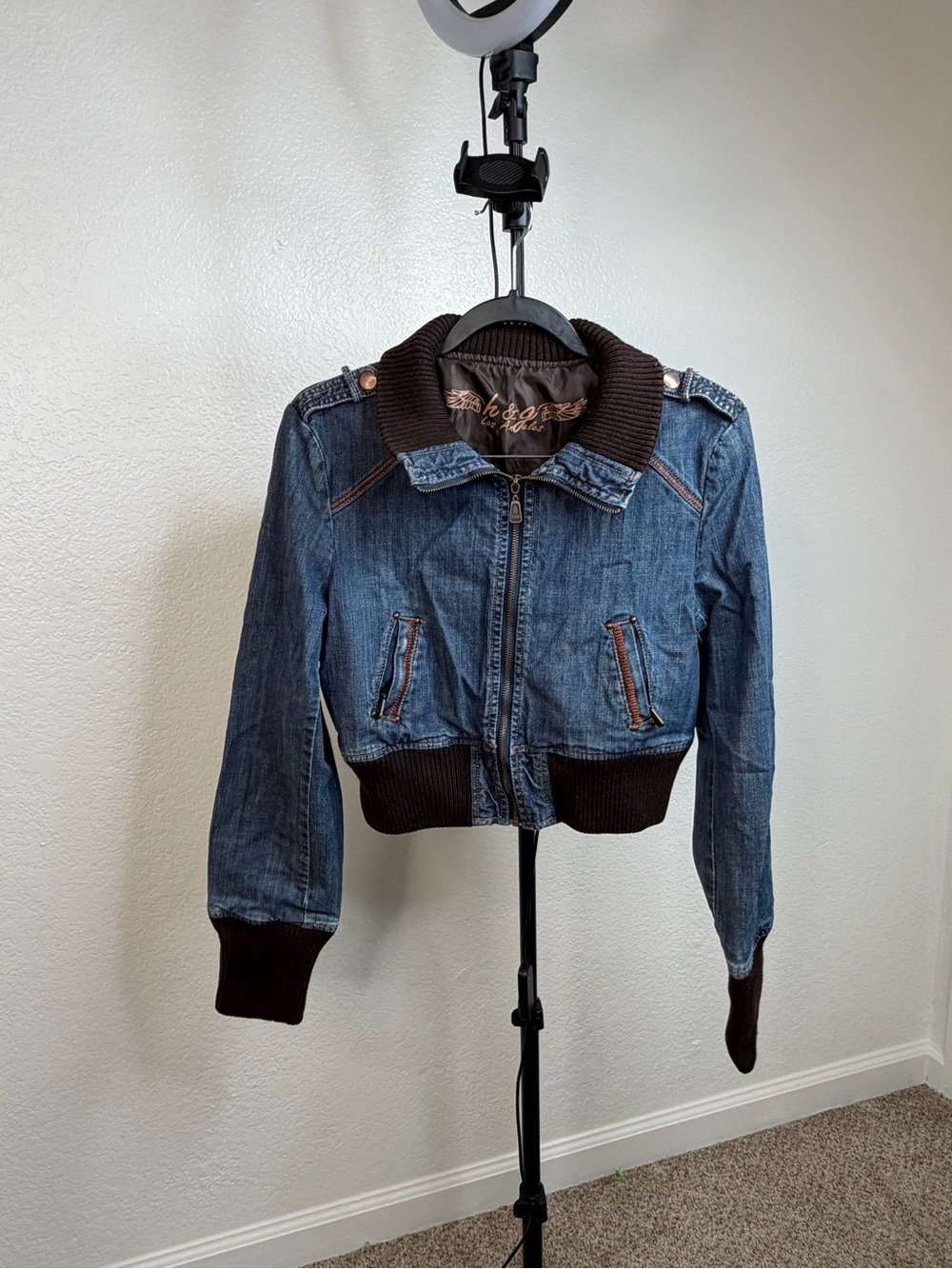 Denim Bomber Jacket with Rib Knit Trim - Blue